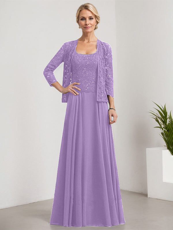 A-Linie Quadratisches Bodenlanges Spitzen-Chiffon-Kleid für die Brautmutter mit Pailletten