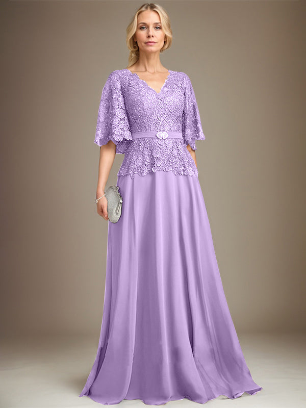 A-Linie V-Ausschnitt Bodenlanges Chiffon-Spitzenkleid für die Brautmutter mit Kristallbrosche und Strass