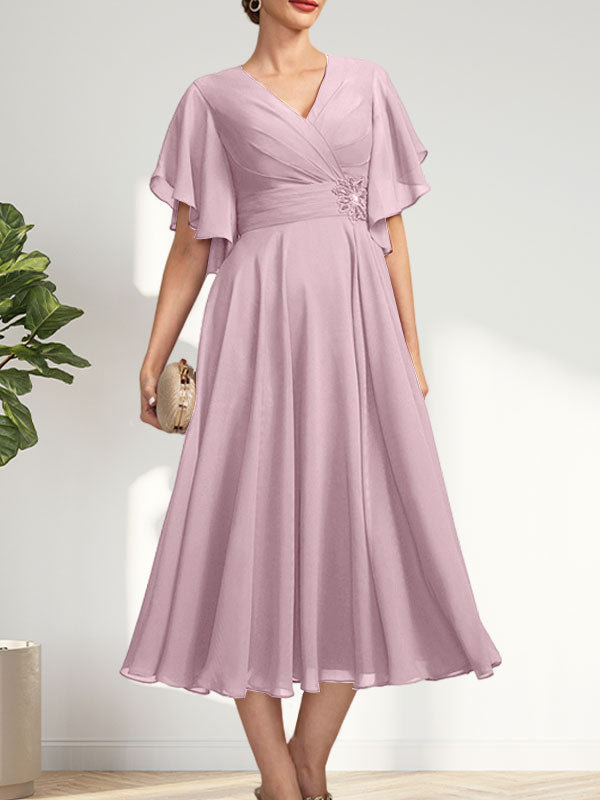 A-line V-Neck Tea-Length Chiffon Mother of the Bride Dress With Pleated Beading