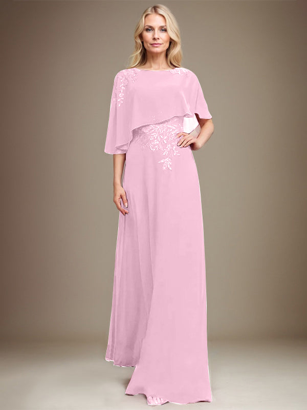 A-Linie U-Ausschnitt Bodenlang Chiffon Spitze Kleid für die Brautmutter mit Pailletten und Perlen