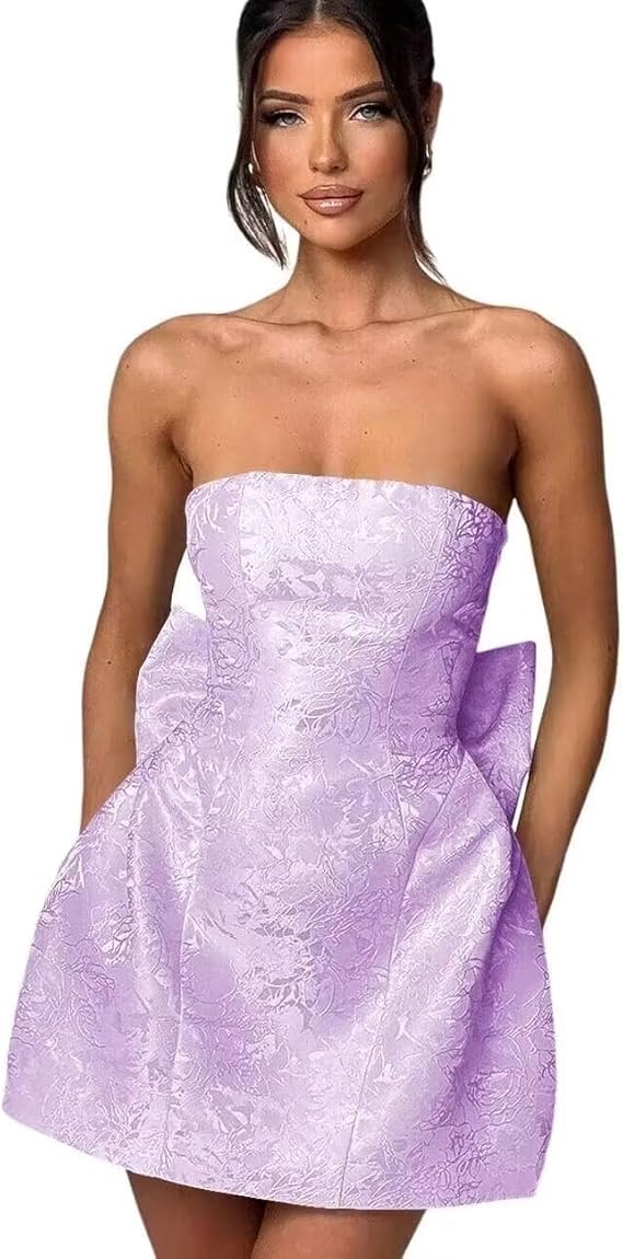 Trägerloses, kurzes Ballkleid für den Heimkehr, ärmelloses Partykleid aus Jacquard-Satin mit Schnürung und Schleife