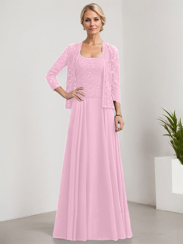 A-Linie Quadratisches Bodenlanges Spitzen-Chiffon-Kleid für die Brautmutter mit Pailletten