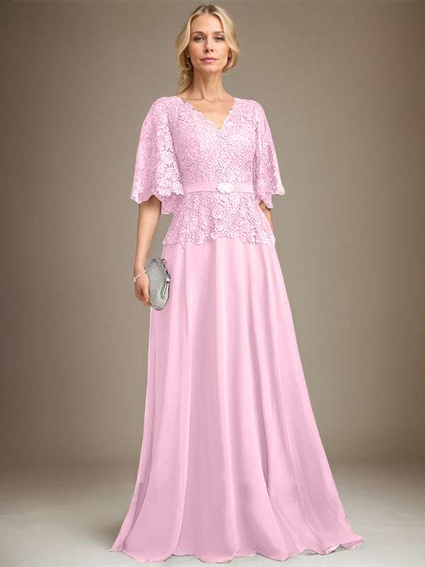 A-Linie V-Ausschnitt Bodenlanges Chiffon-Spitzenkleid für die Brautmutter mit Kristallbrosche und Strass