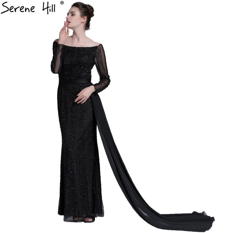 Langarm Schwarz Meerjungfrau Tüll Abendkleider Perlen Pailletten Formale Kleid Real Photo 2025 LA6009