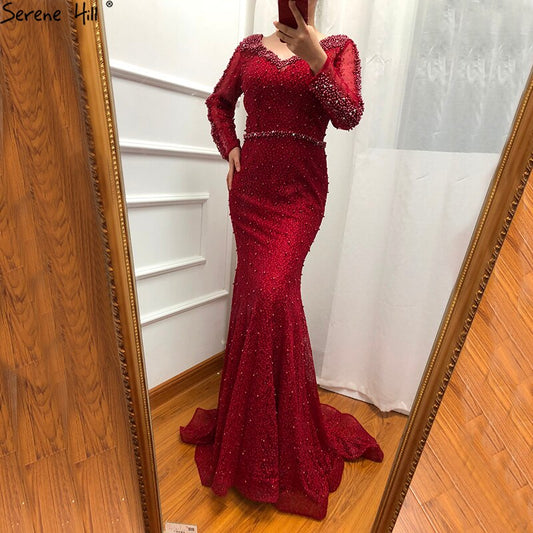 En oferta, sin devolución ni reembolso, vestido de noche de sirena con perlas color vino tinto y manga larga, vestido de noche de lujo de moda 2025, foto real, Dubái LA6428