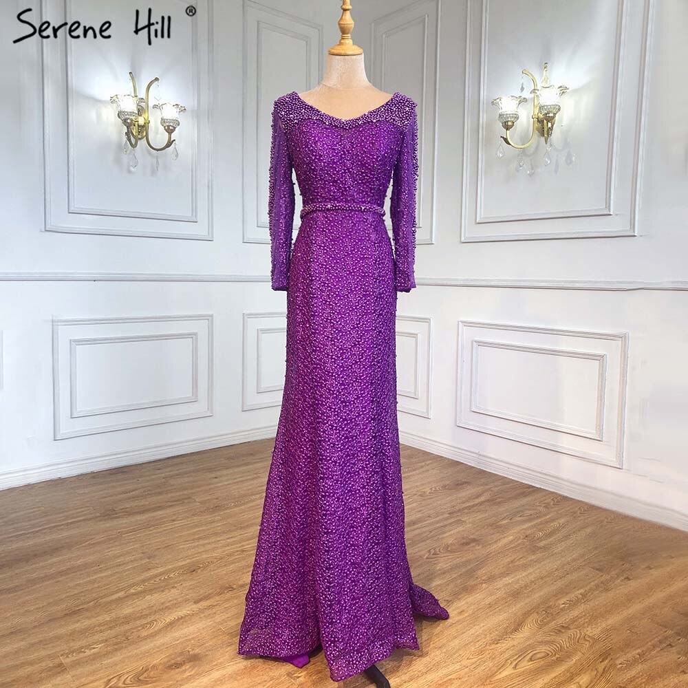 En oferta, sin devolución ni reembolso, vestido de noche de sirena con perlas color vino tinto y manga larga, vestido de noche de lujo de moda 2025, foto real, Dubái LA6428