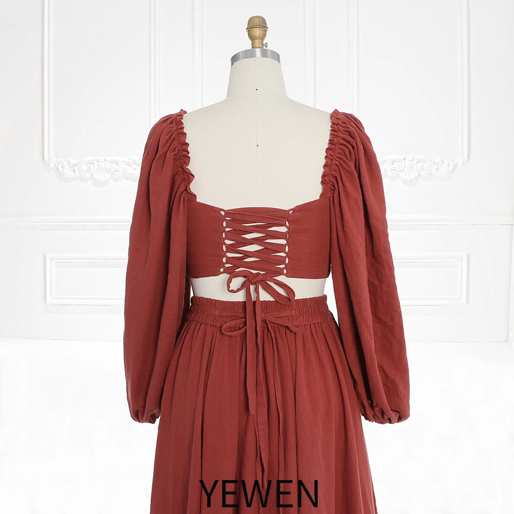Long Sleeves Adjust Back Woman Cotton Maxi Dress Photoshoot Dresses Outfit Sunnderly SY231113