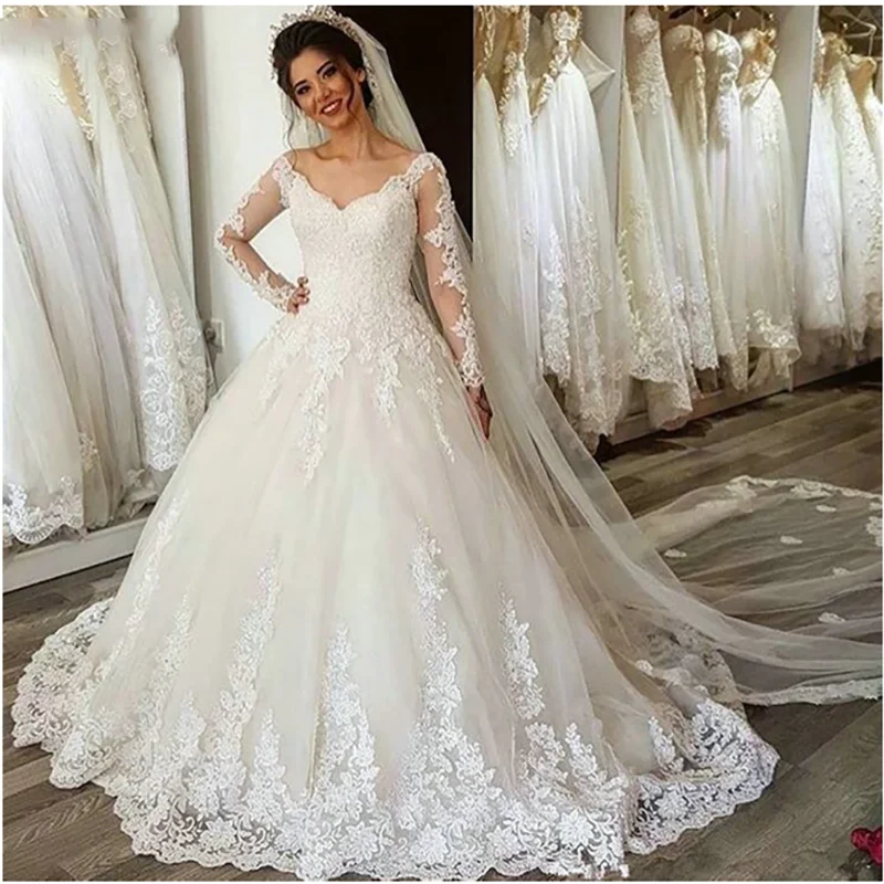 Long Sleeves Plus Size Wedding Dress Vestido de Noiva Bride Dress Robe Mariage V Neck Lace Appliques Lace Up Bridal Gowns-payinti