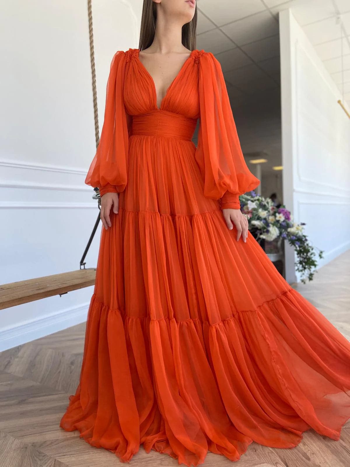 Langes Ballkleid mit Puffärmeln, formelle Kleider SYP25