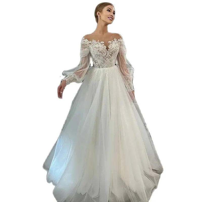 Luxurious White Bridal Gown Tulle with Applique Lace O-Neck A-Line Floor-Length Wedding Dress for Women vestidos de novia-payinti
