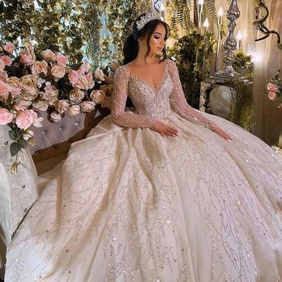 Luxury Ball Gown Illusion Long Sleeves Wedding Dresses 2023 Scoop Neck Glitter Sequined Beading Bride Gowns Vestidos De Noiva-payinti