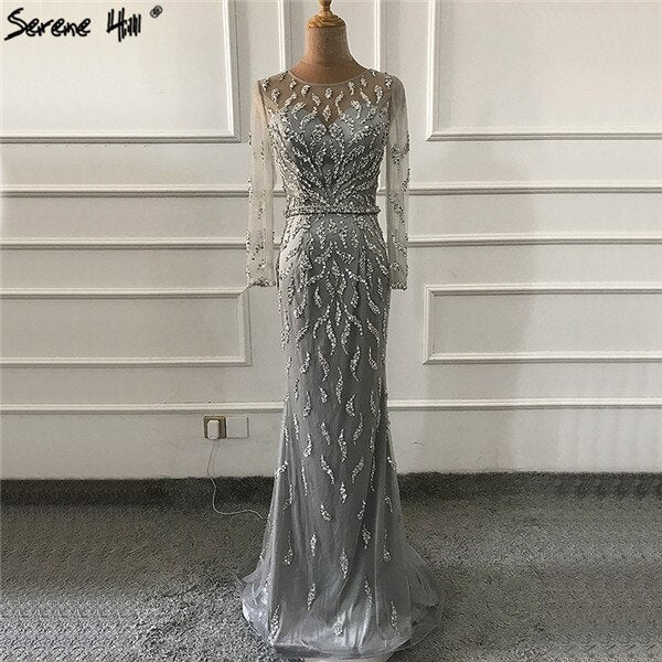 Luxus Meerjungfrau Sparkly Grau Sexy Abendkleider 2025 Perlen Pailletten Lange Ärmel Abendkleid LA60892