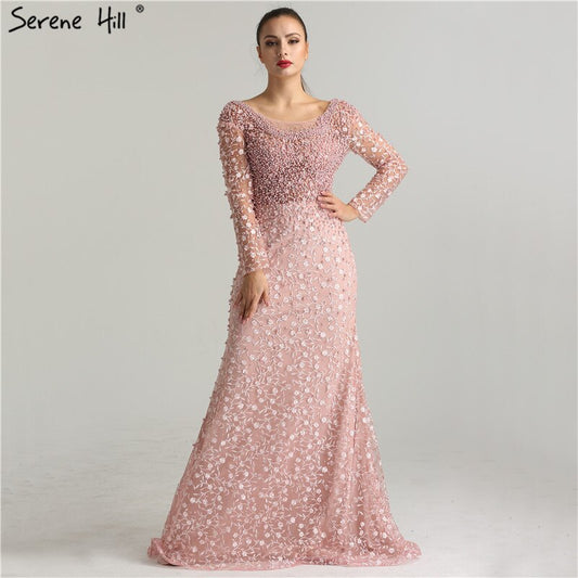 Vestidos de noche de lujo con encaje y perlas rosas, en oferta, sin devoluciones ni reembolsos, 2025, estilo sirena, bordado, mangas largas, vestidos de noche formales LA6408