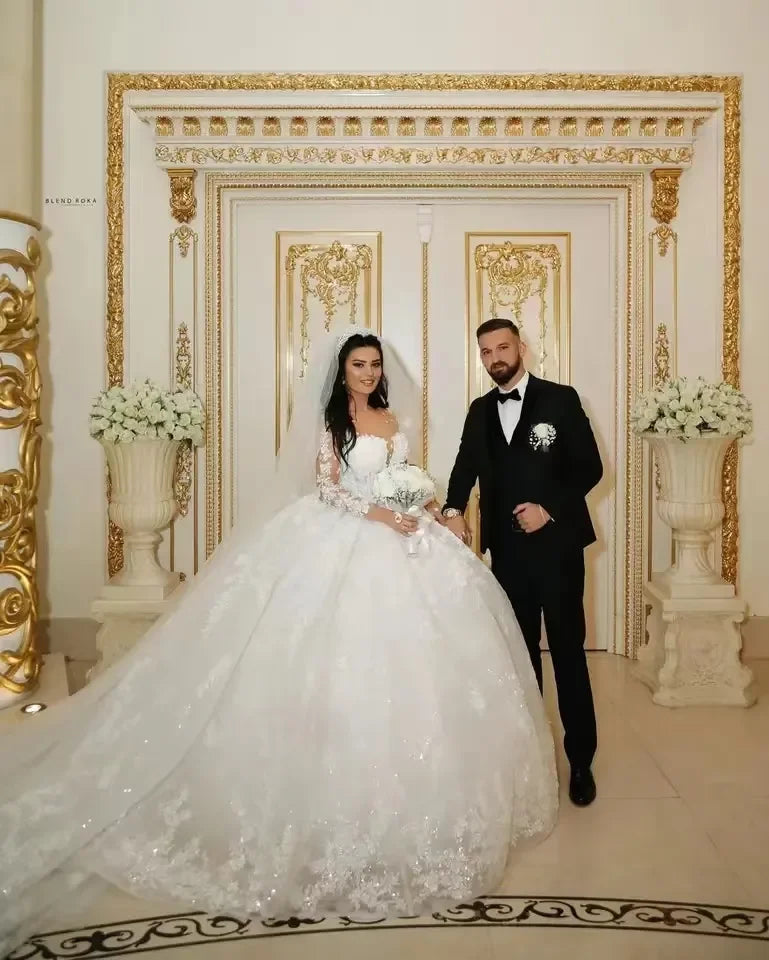 Luxury Sparkly Wedding Dresses 2024 Sheer Neck Glitter Sequins Long Sleeves Lace Applique Elegant Bridal Gowns Vestido De Novia-payinti