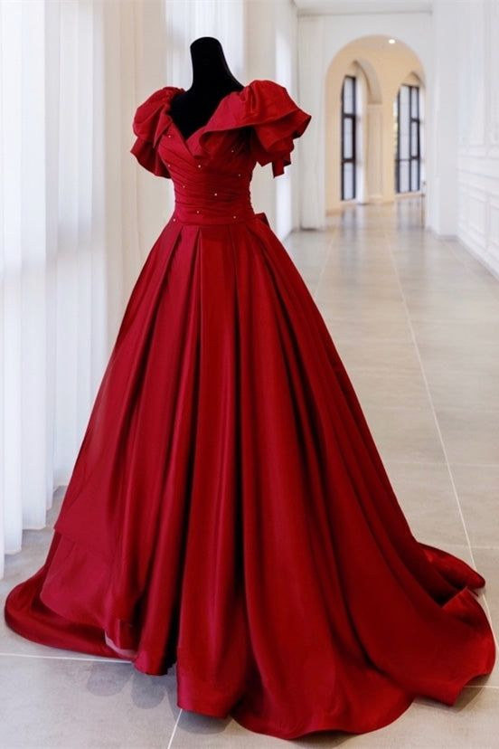 Red Ball Gown with Bell Sleeves and Lace UP Back Y6067