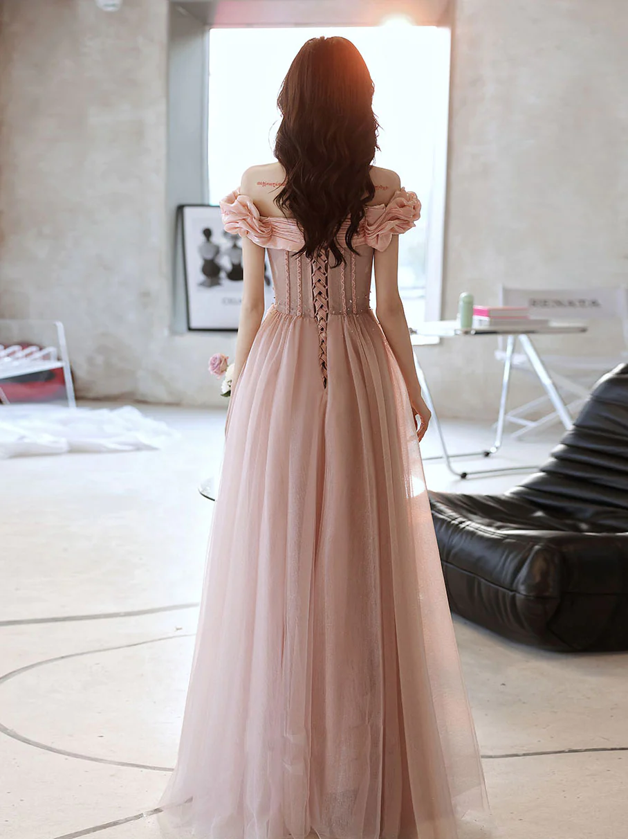 Rosa Herzausschnitt Tüll Perlen Langes Ballkleid, Rosa Abendkleid, Y2406