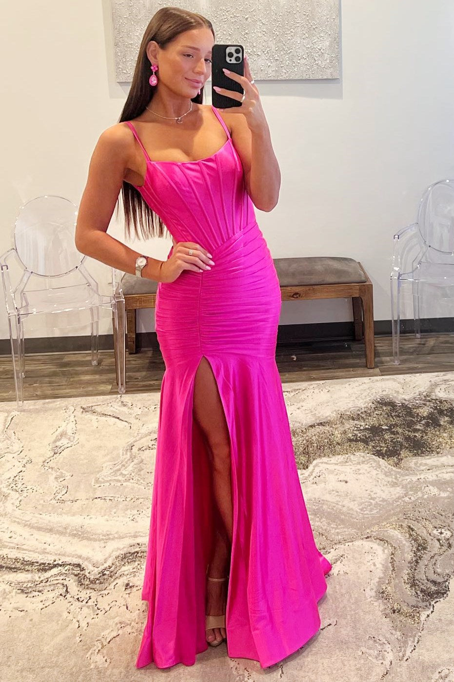 Sunnderly Addilynn | Vestido de fiesta de satén con escote redondo y abertura, corte sirena