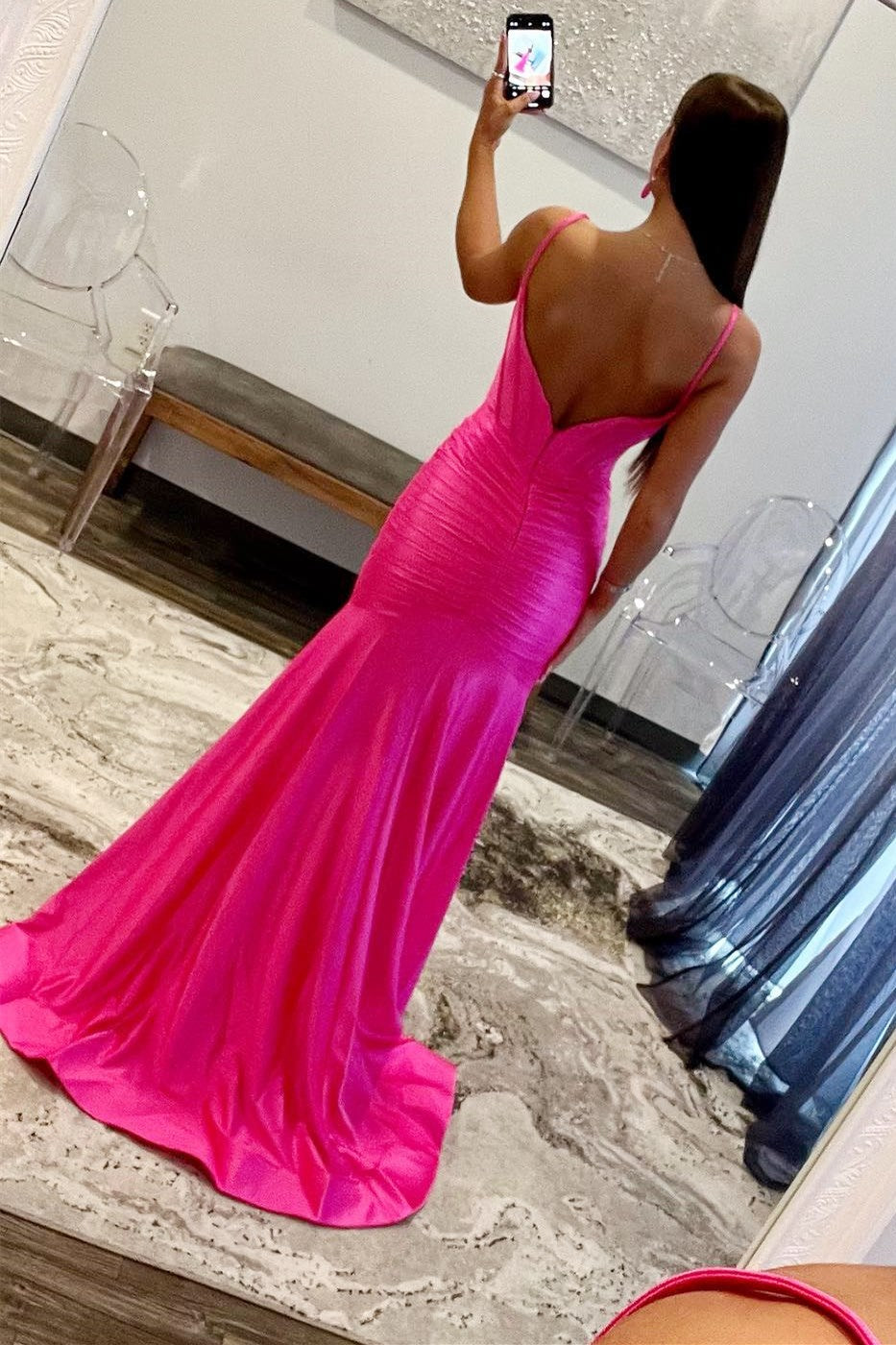 Sunnderly Addilynn | Vestido de fiesta de satén con escote redondo y abertura, corte sirena