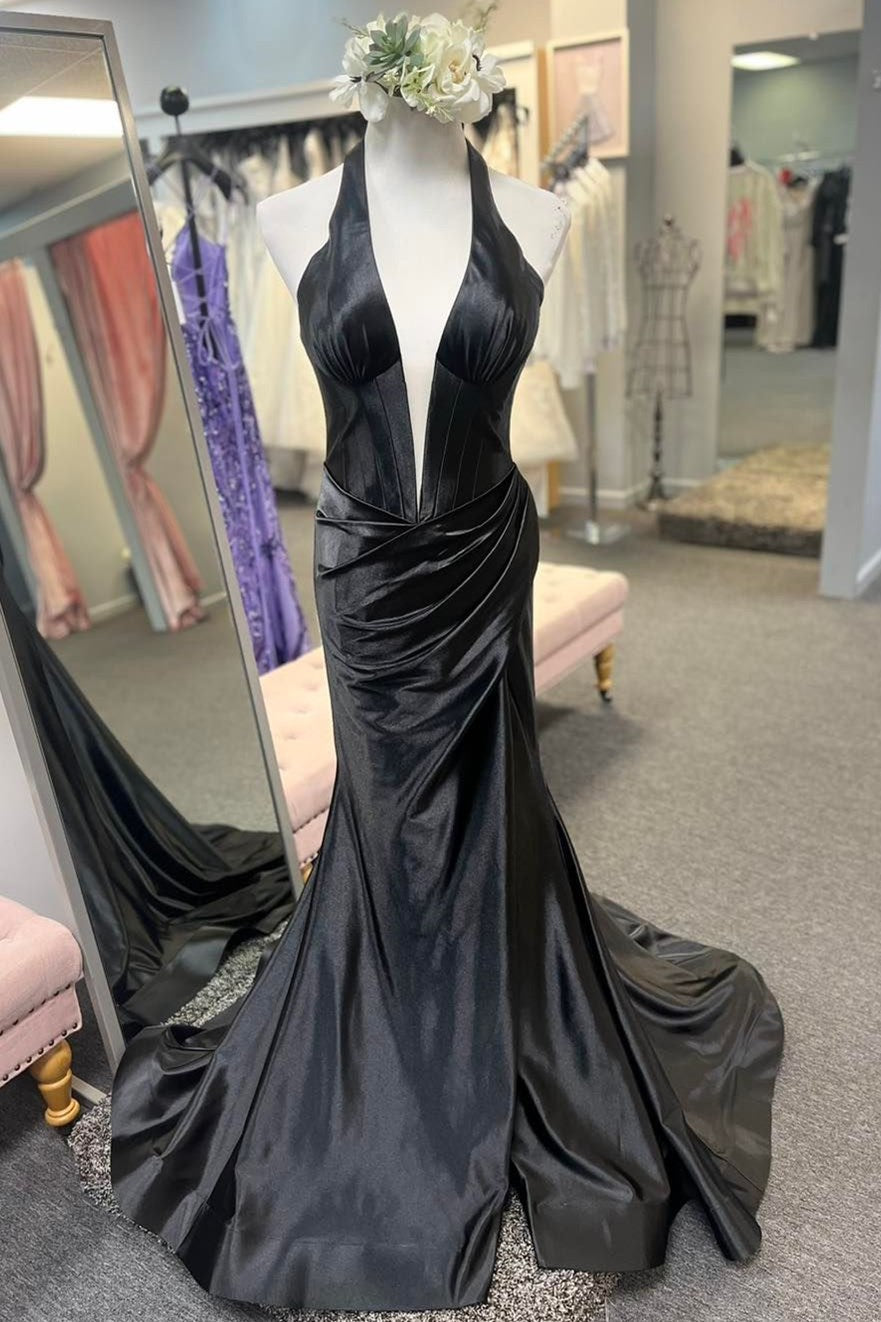 Josie | Navy Halter Corset Mermaid Plunging Deep V-neck Ruched Long Formal Dress with Slit