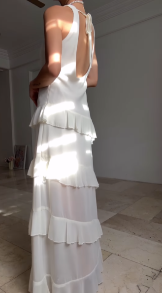 Vestido de fiesta blanco sencillo de gasa con escote en V y volantes, vestido de noche largo sin espalda Y8500