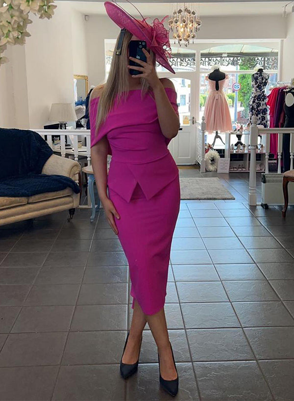 Vestidos para madre de la novia con corte tubo, hombros descubiertos y largo hasta la rodilla