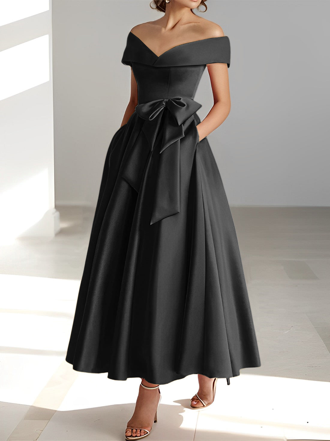 Vestidos de madre de la novia de corte A/princesa, sin mangas, hasta los tobillos, con hombros descubiertos y bolsillos