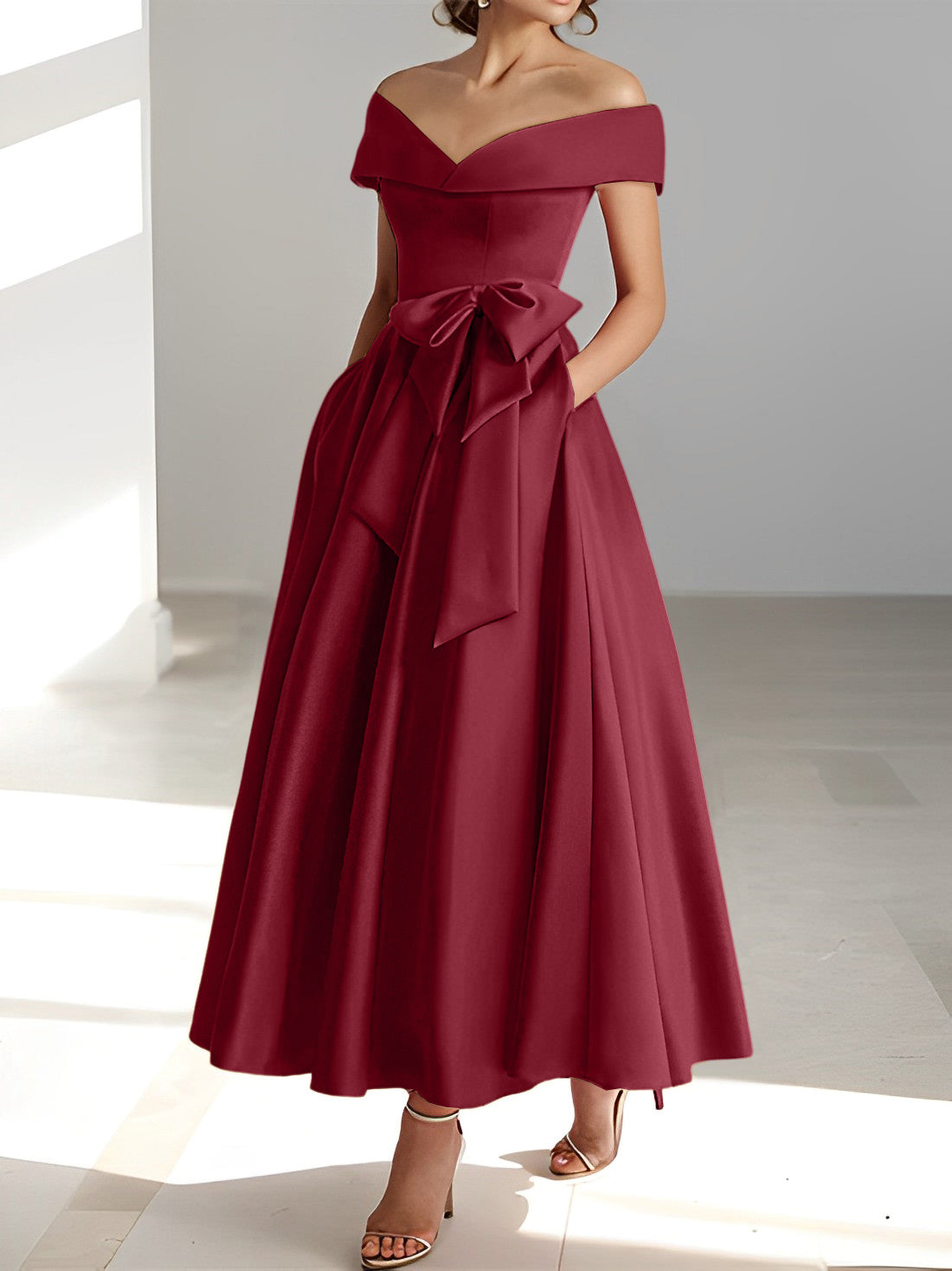 Vestidos de madre de la novia de corte A/princesa, sin mangas, hasta los tobillos, con hombros descubiertos y bolsillos