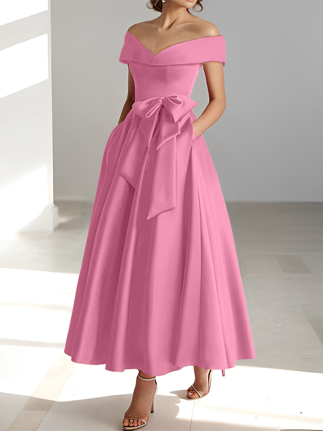 Vestidos de madre de la novia de corte A/princesa, sin mangas, hasta los tobillos, con hombros descubiertos y bolsillos