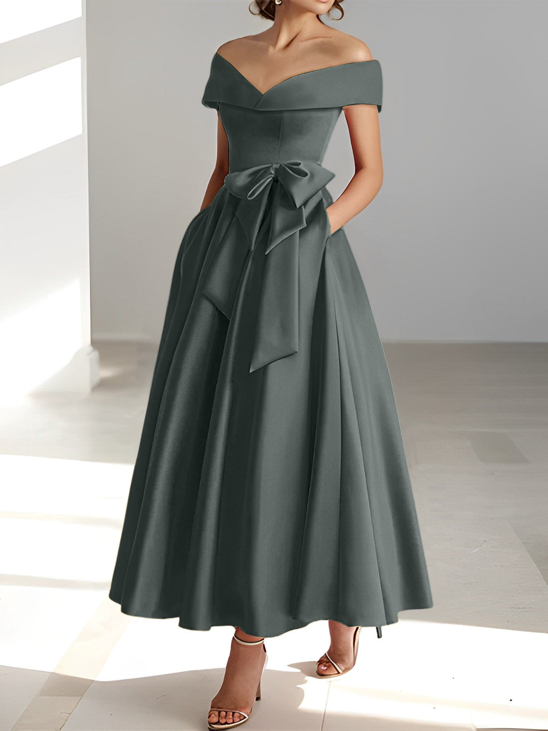 Vestidos de madre de la novia de corte A/princesa, sin mangas, hasta los tobillos, con hombros descubiertos y bolsillos