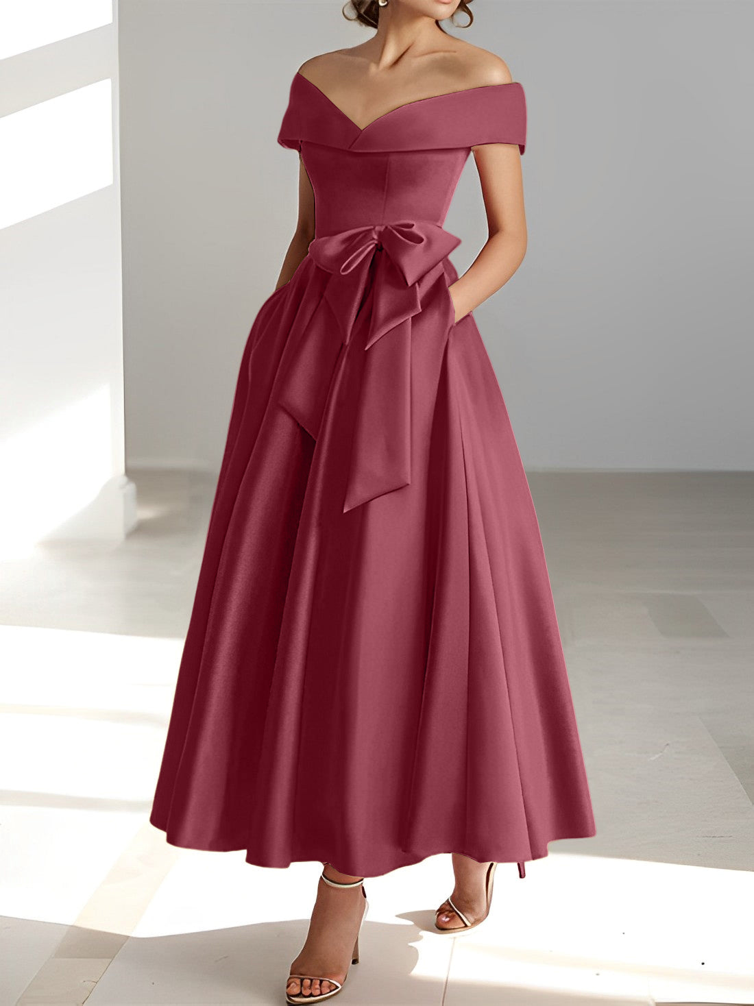 Vestidos de madre de la novia de corte A/princesa, sin mangas, hasta los tobillos, con hombros descubiertos y bolsillos