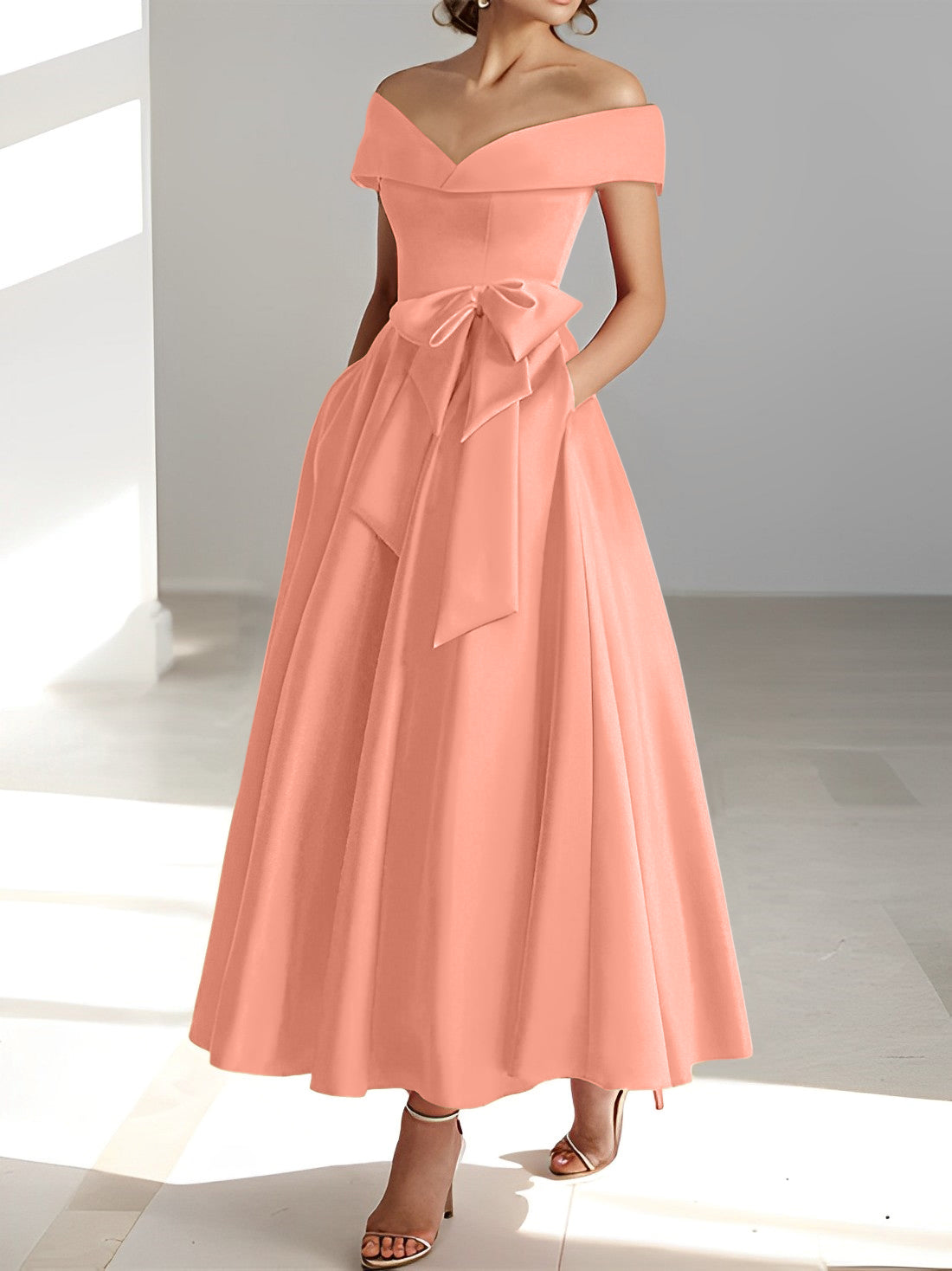 Vestidos de madre de la novia de corte A/princesa, sin mangas, hasta los tobillos, con hombros descubiertos y bolsillos