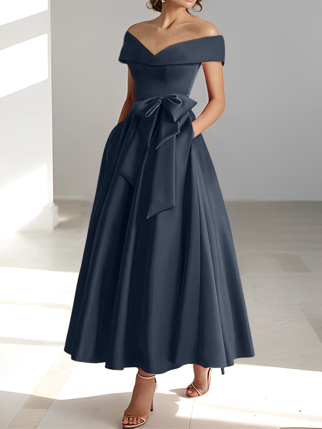 Vestidos de madre de la novia de corte A/princesa, sin mangas, hasta los tobillos, con hombros descubiertos y bolsillos