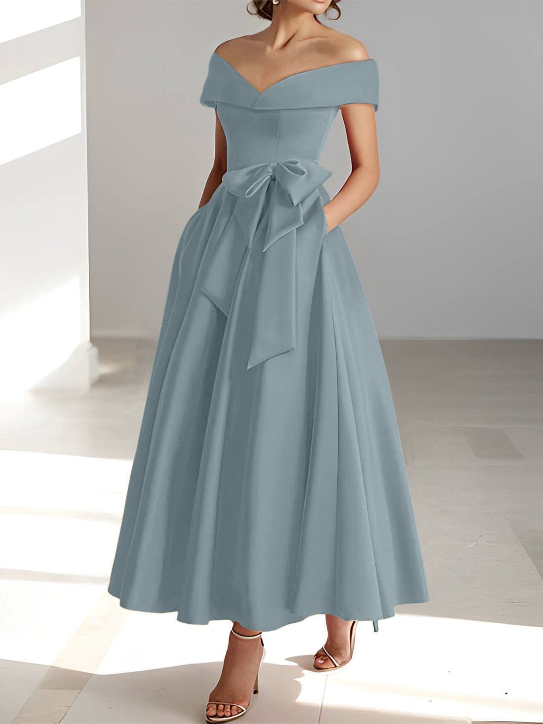 Vestidos de madre de la novia de corte A/princesa, sin mangas, hasta los tobillos, con hombros descubiertos y bolsillos
