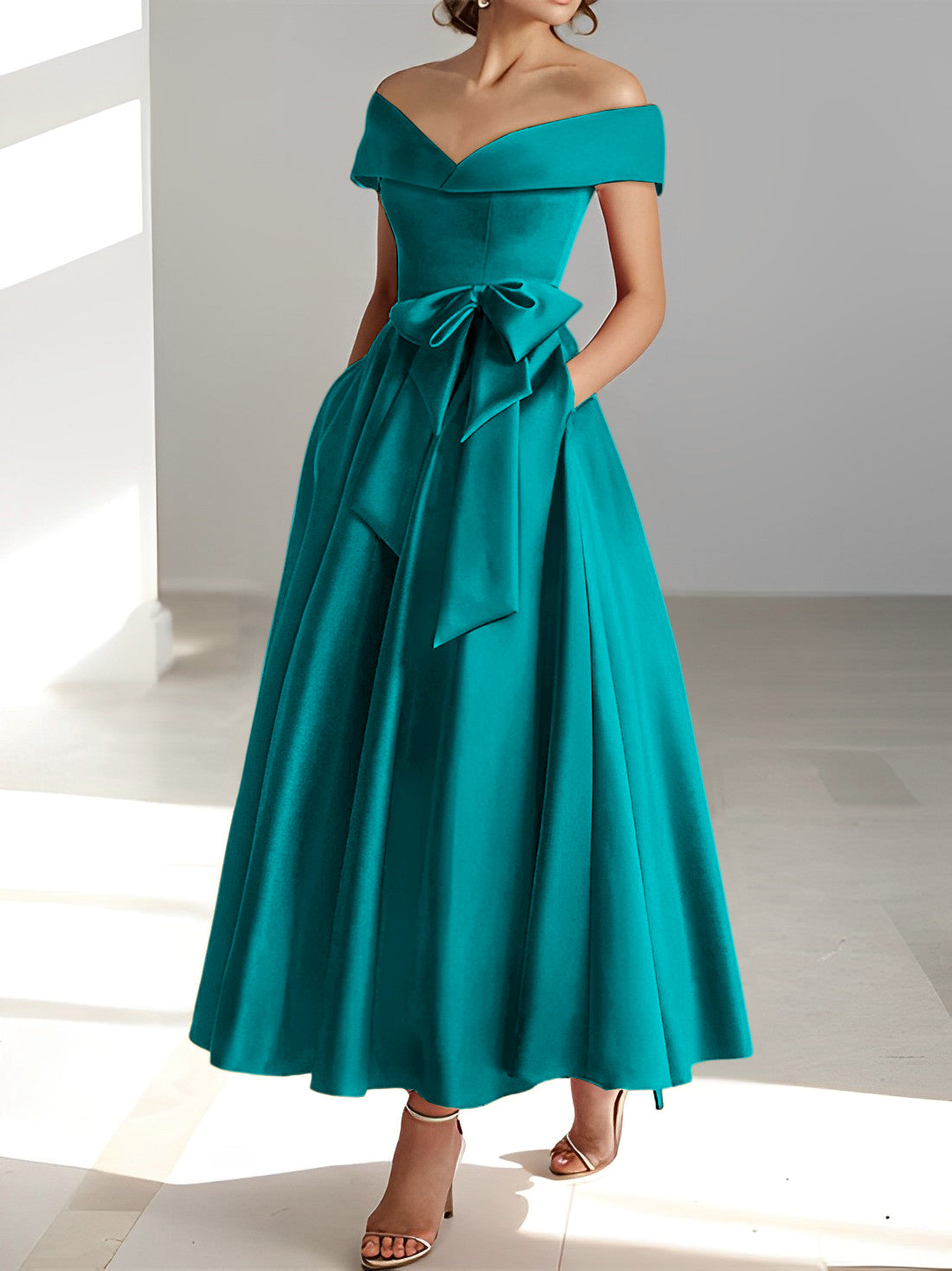 Vestidos de madre de la novia de corte A/princesa, sin mangas, hasta los tobillos, con hombros descubiertos y bolsillos