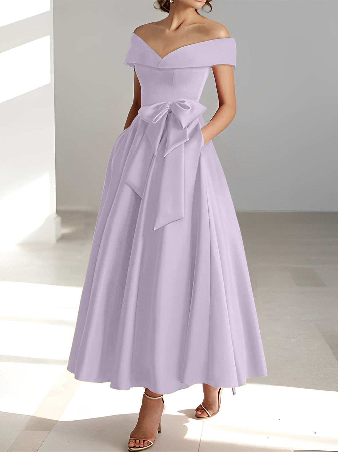 Vestidos de madre de la novia de corte A/princesa, sin mangas, hasta los tobillos, con hombros descubiertos y bolsillos
