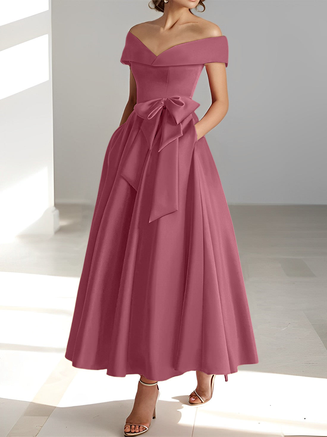 Vestidos de madre de la novia de corte A/princesa, sin mangas, hasta los tobillos, con hombros descubiertos y bolsillos