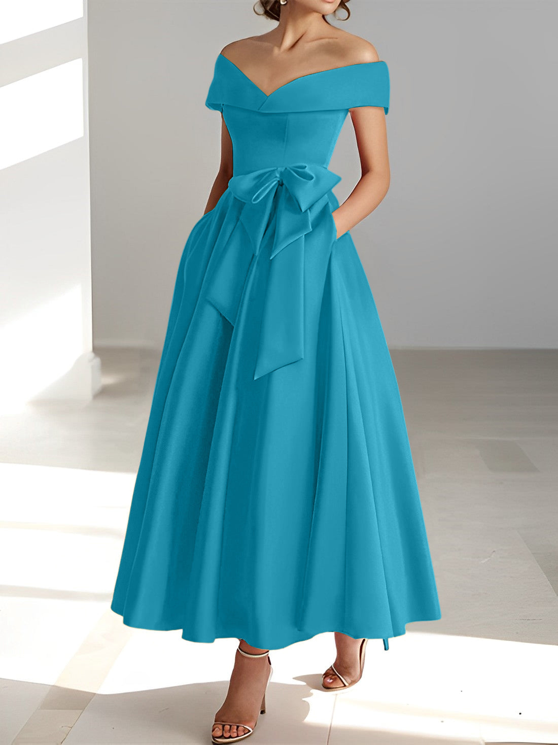 Vestidos de madre de la novia de corte A/princesa, sin mangas, hasta los tobillos, con hombros descubiertos y bolsillos