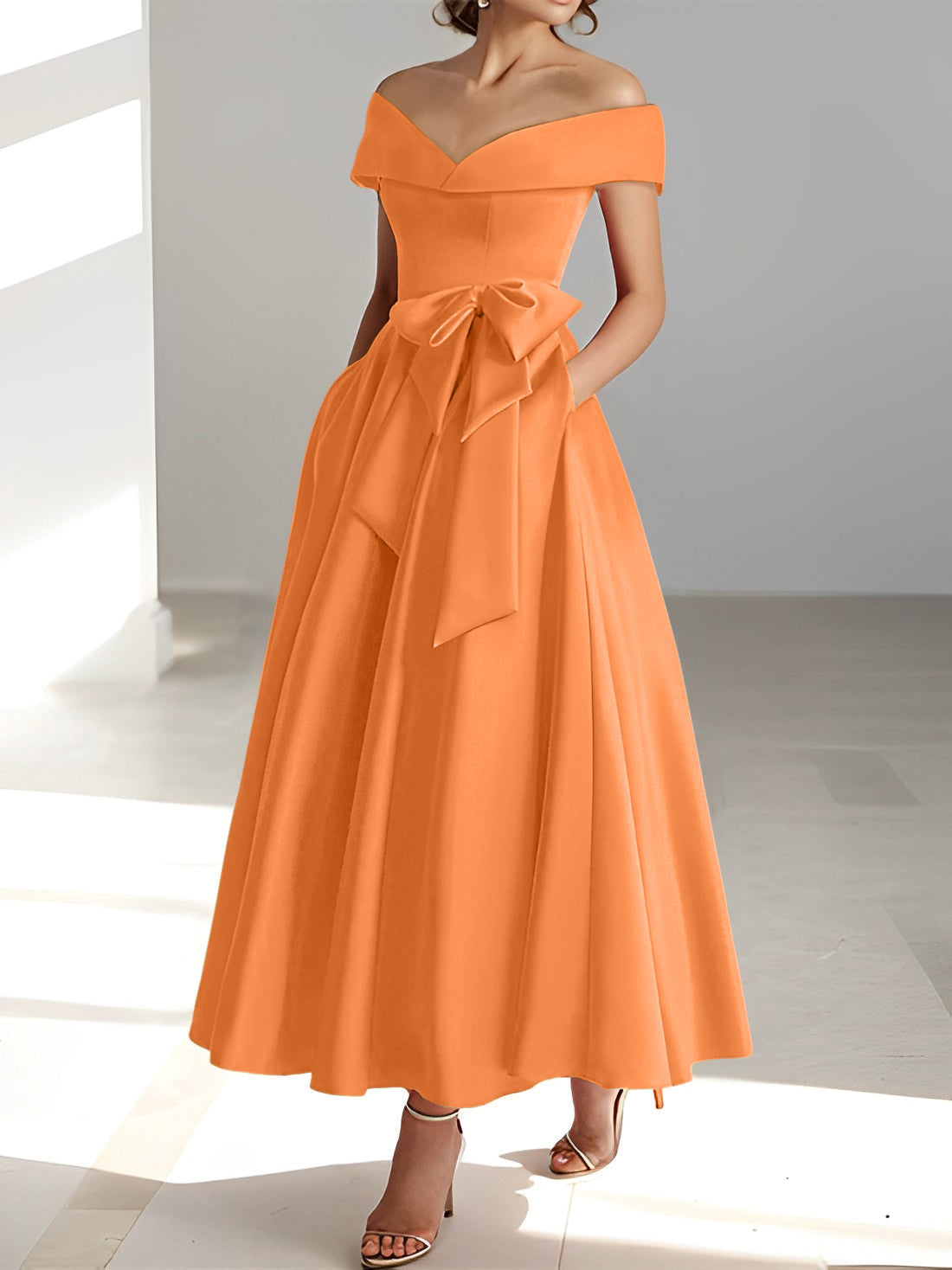 Vestidos de madre de la novia de corte A/princesa, sin mangas, hasta los tobillos, con hombros descubiertos y bolsillos