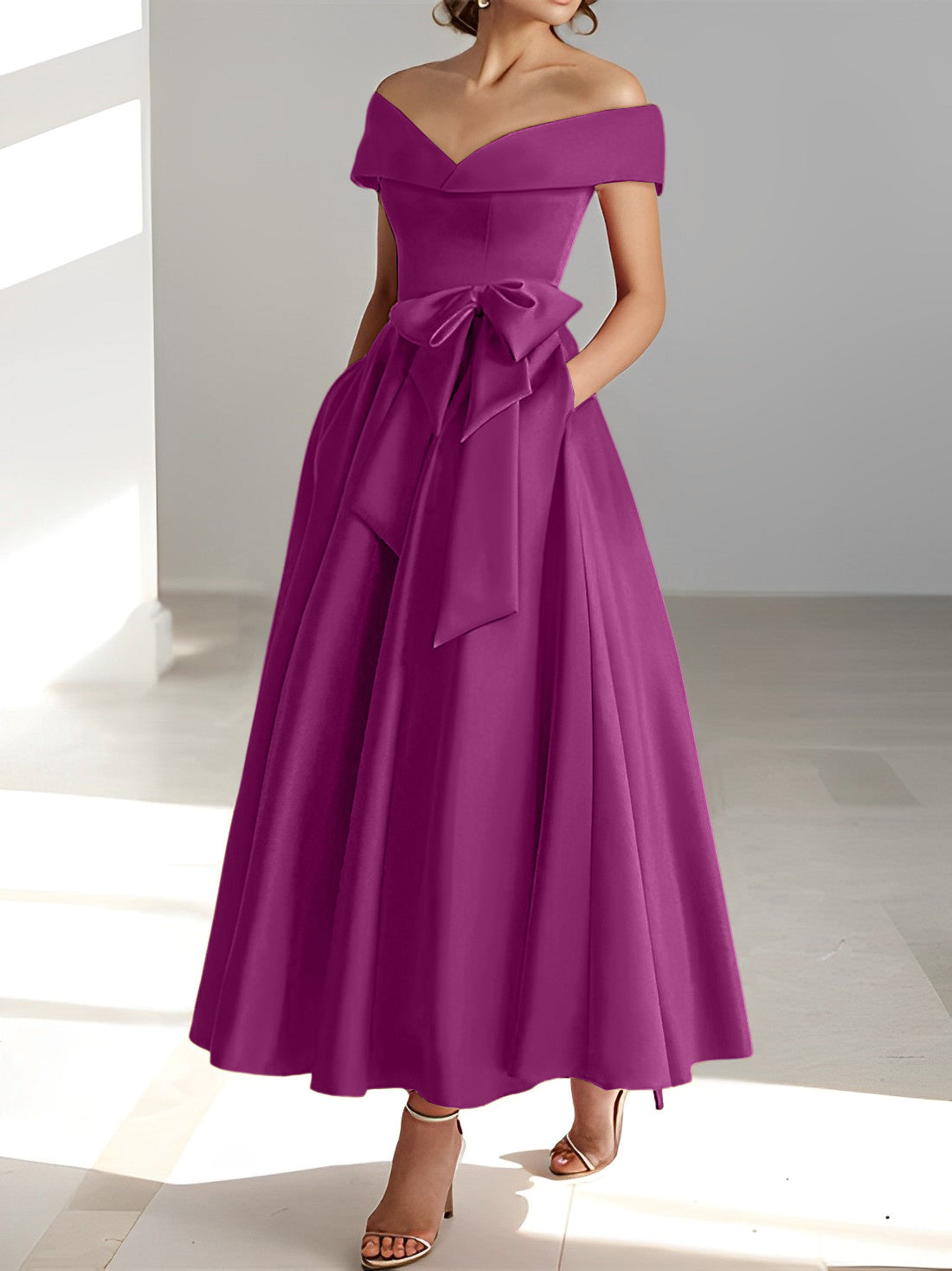 Vestidos de madre de la novia de corte A/princesa, sin mangas, hasta los tobillos, con hombros descubiertos y bolsillos