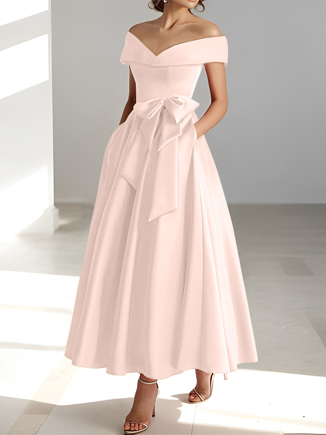 Vestidos de madre de la novia de corte A/princesa, sin mangas, hasta los tobillos, con hombros descubiertos y bolsillos