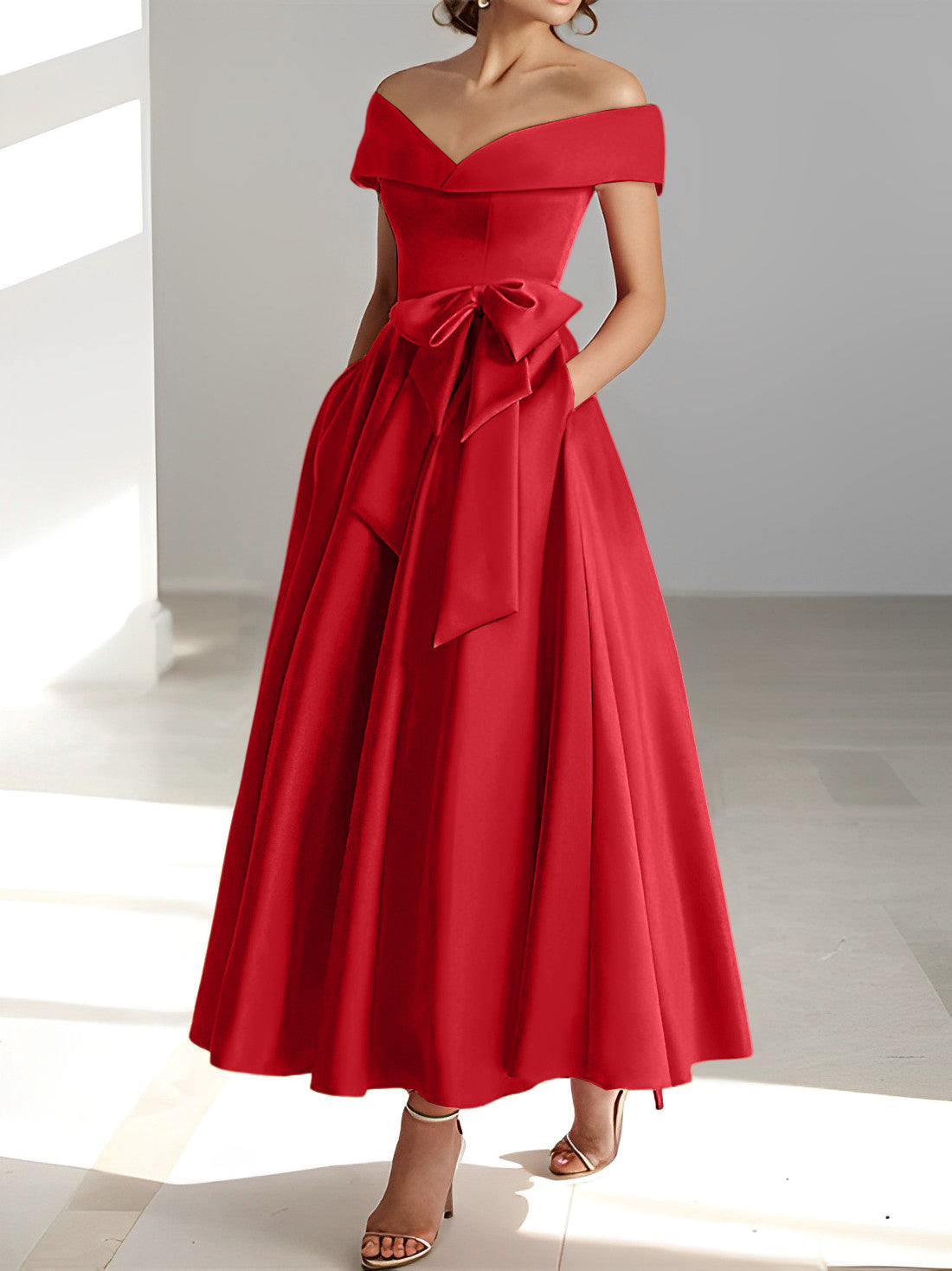 Vestidos de madre de la novia de corte A/princesa, sin mangas, hasta los tobillos, con hombros descubiertos y bolsillos