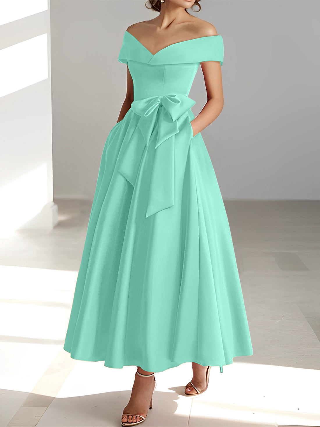 Vestidos de madre de la novia de corte A/princesa, sin mangas, hasta los tobillos, con hombros descubiertos y bolsillos