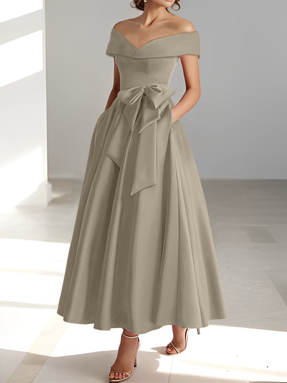 Vestidos de madre de la novia de corte A/princesa, sin mangas, hasta los tobillos, con hombros descubiertos y bolsillos
