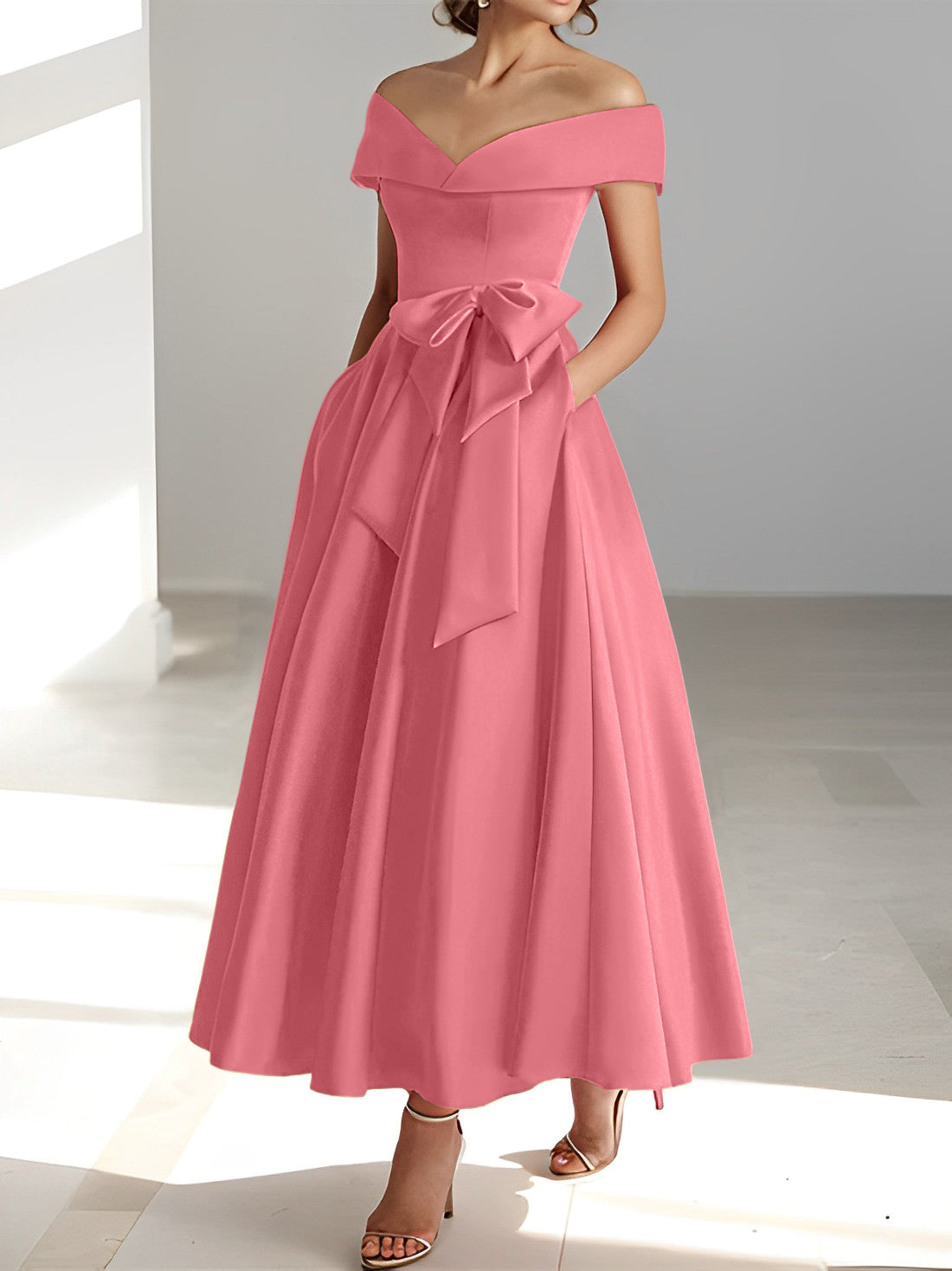 Vestidos de madre de la novia de corte A/princesa, sin mangas, hasta los tobillos, con hombros descubiertos y bolsillos