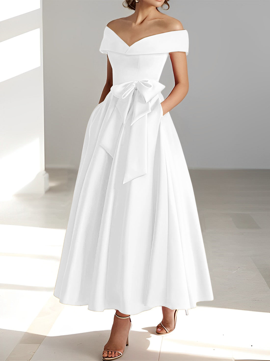 Vestidos de madre de la novia de corte A/princesa, sin mangas, hasta los tobillos, con hombros descubiertos y bolsillos