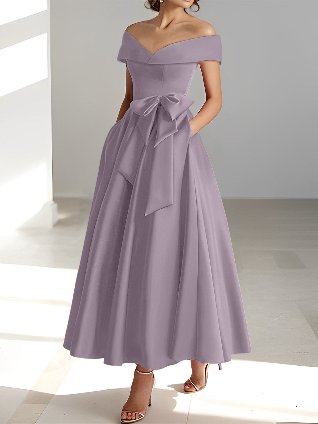 Vestidos de madre de la novia de corte A/princesa, sin mangas, hasta los tobillos, con hombros descubiertos y bolsillos