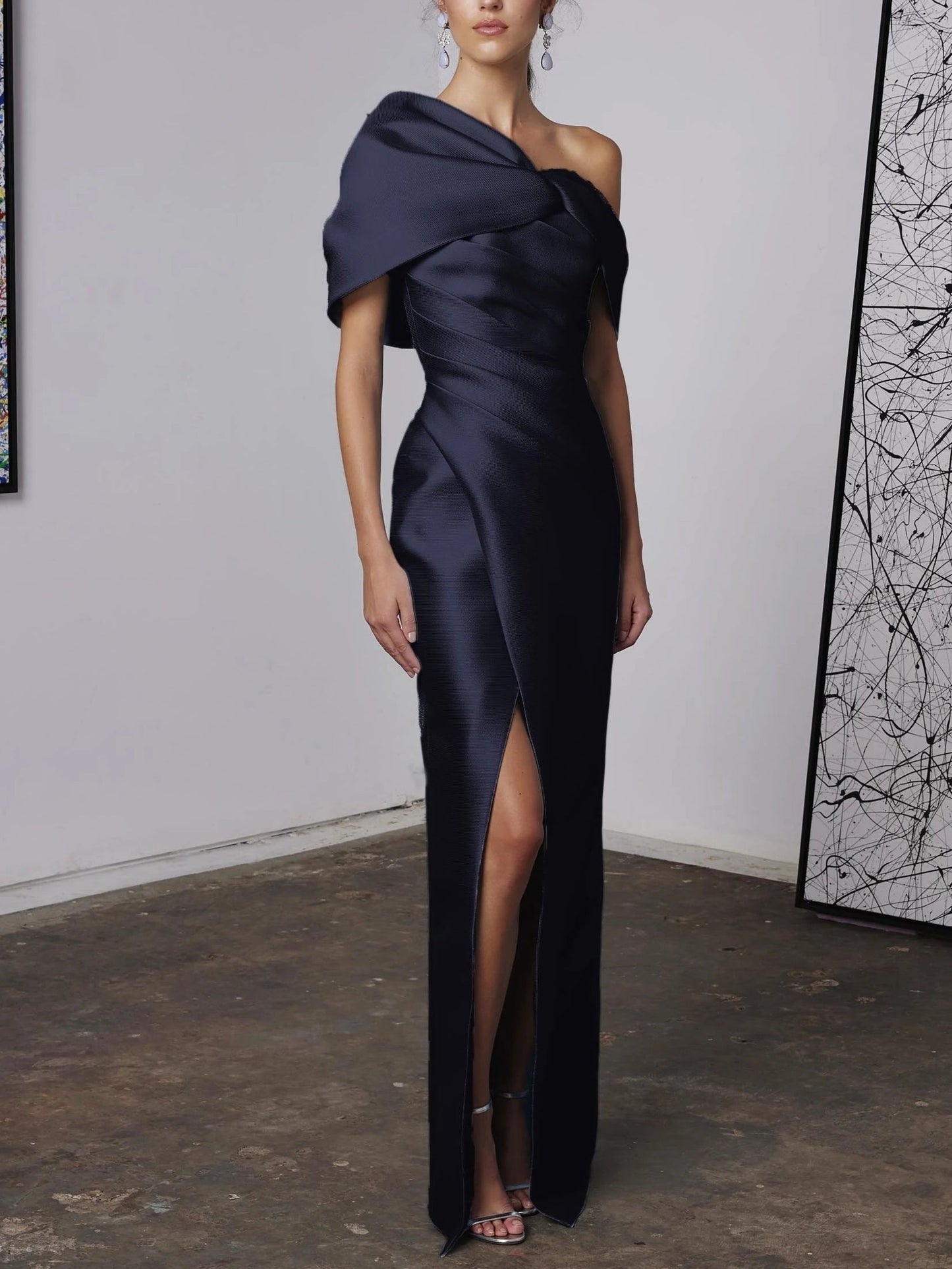 A-Linie/Princess-Linie One-Shoulder-Träger Halbarm Bodenlang Brautmutterkleider mit Rüschen