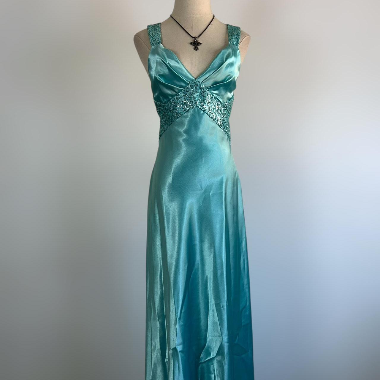 Vestido de noche azul con escote en V, satén y lentejuelas, vestido formal de fiesta, sin espalda, Y8548