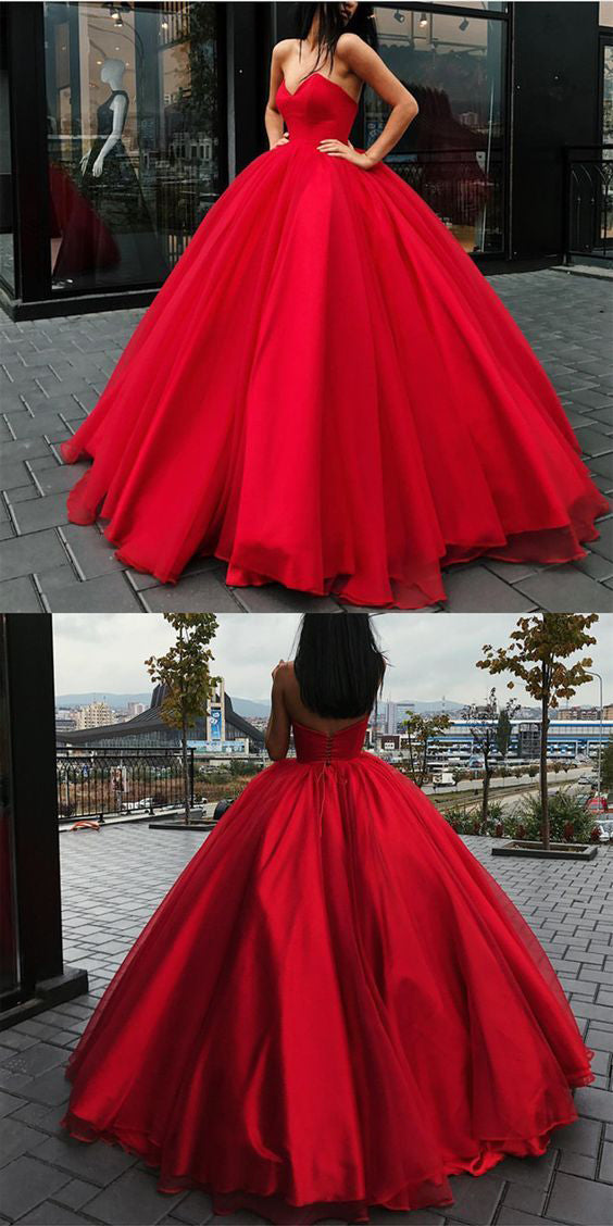 Sweetheart Lace-up Ball Gown Floor-length Red Long Big Prom Dress