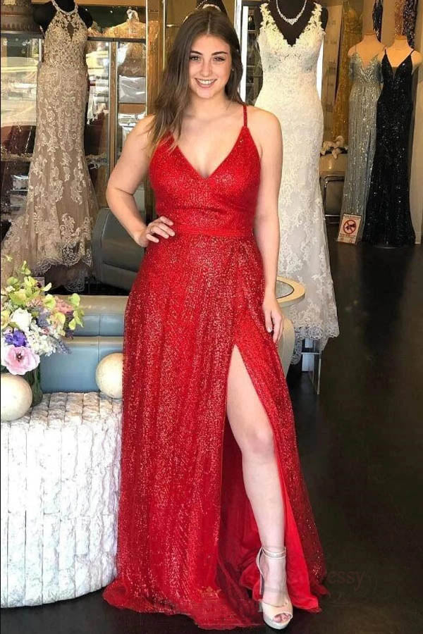 Sparkly V-neck Backless A-line Red Long Prom/Formal Dress With Split